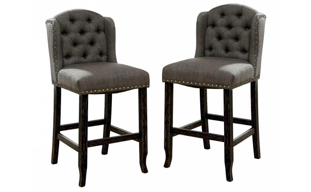 Lubbers Rustic Button Tufted Bar Chairs in Gray and Antique Black (Set of 2)
