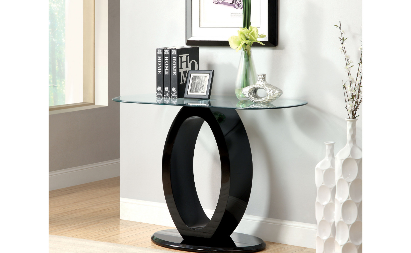 Lyndie Glass Top Console Table in Black