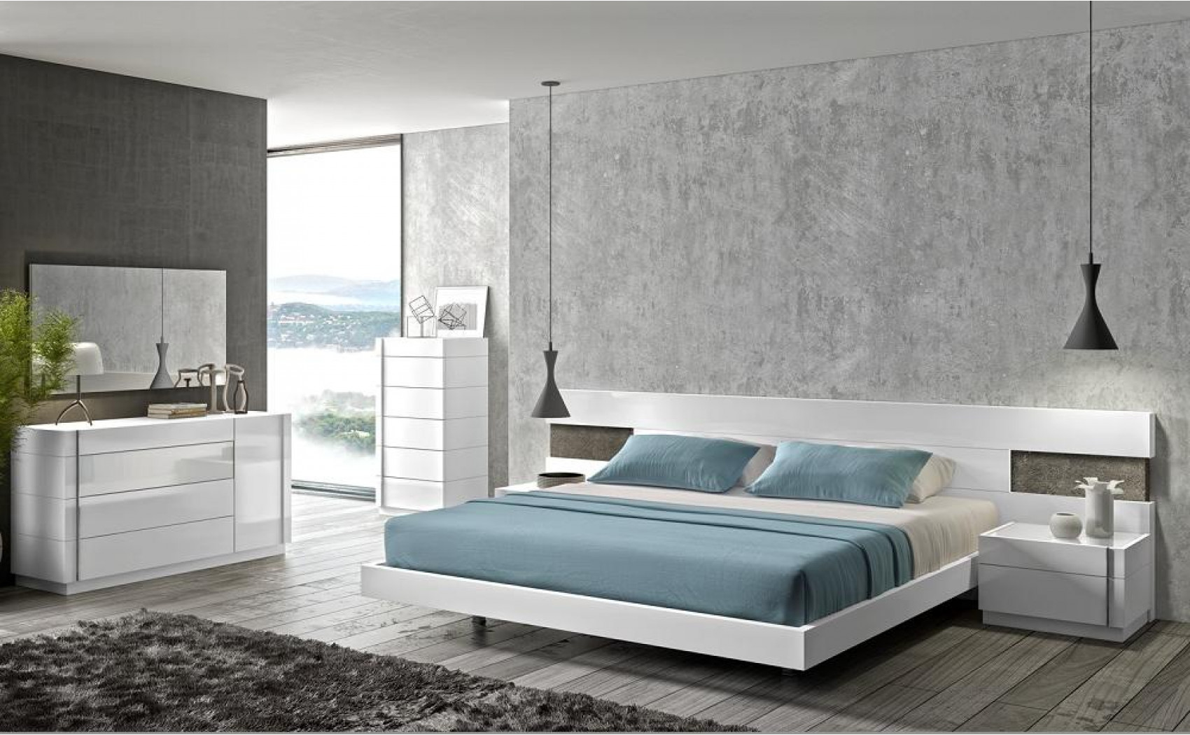 Amora Bedroom Set White Lacquer & Stone Slate J&M Furniture