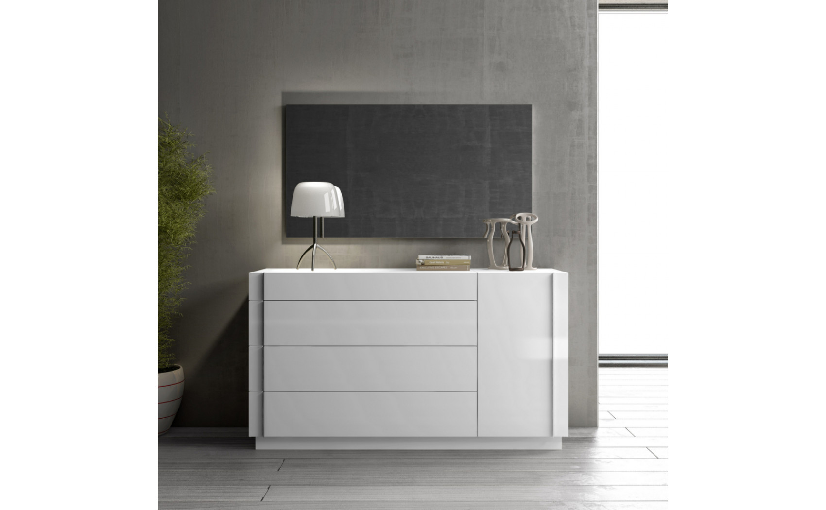 Amora Bedroom Set White Lacquer & Stone Slate J&M Furniture