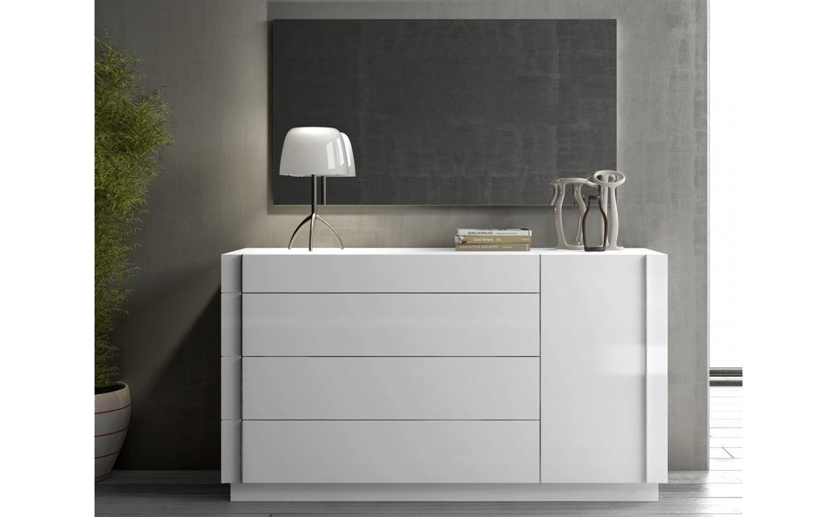 Amora Bedroom Set White Lacquer & Stone Slate J&M Furniture