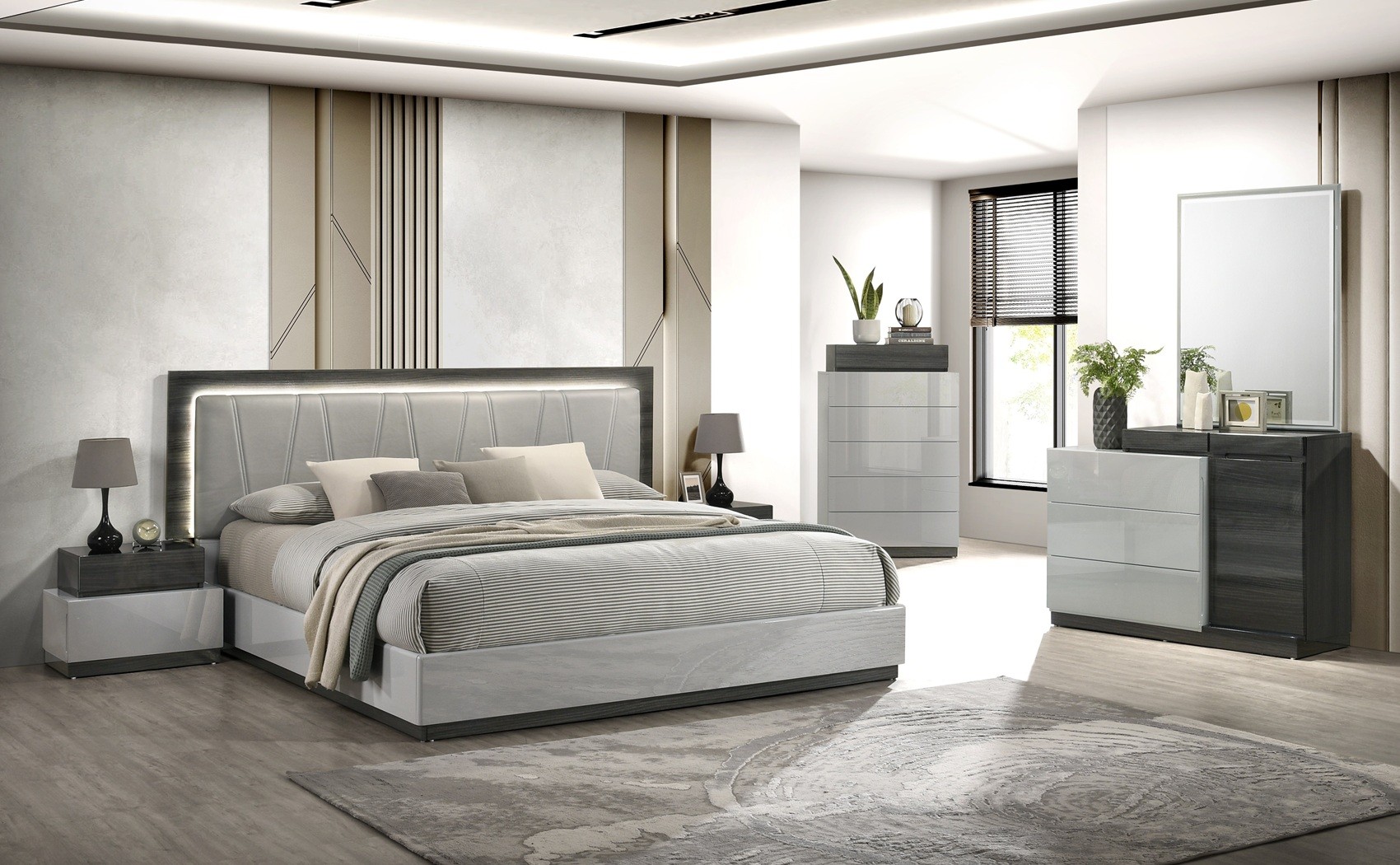 Cube Bed Grey / Dark Grey Glossy / Leatherette J&M Furniture