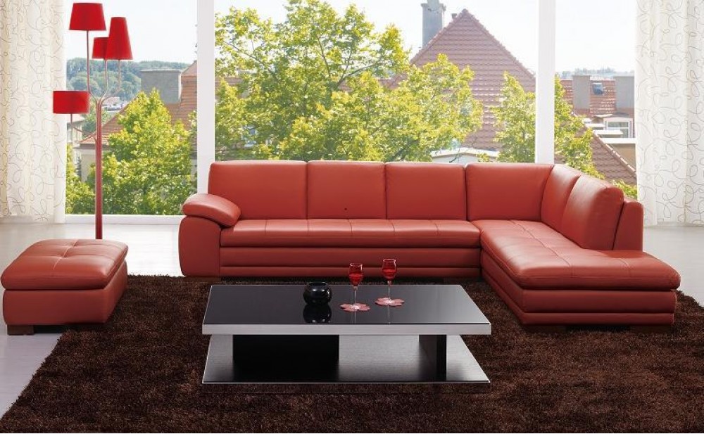 625 Italian Leather Sectional Dark Pumpkin / Brown w Ottoman J&M Furniture
