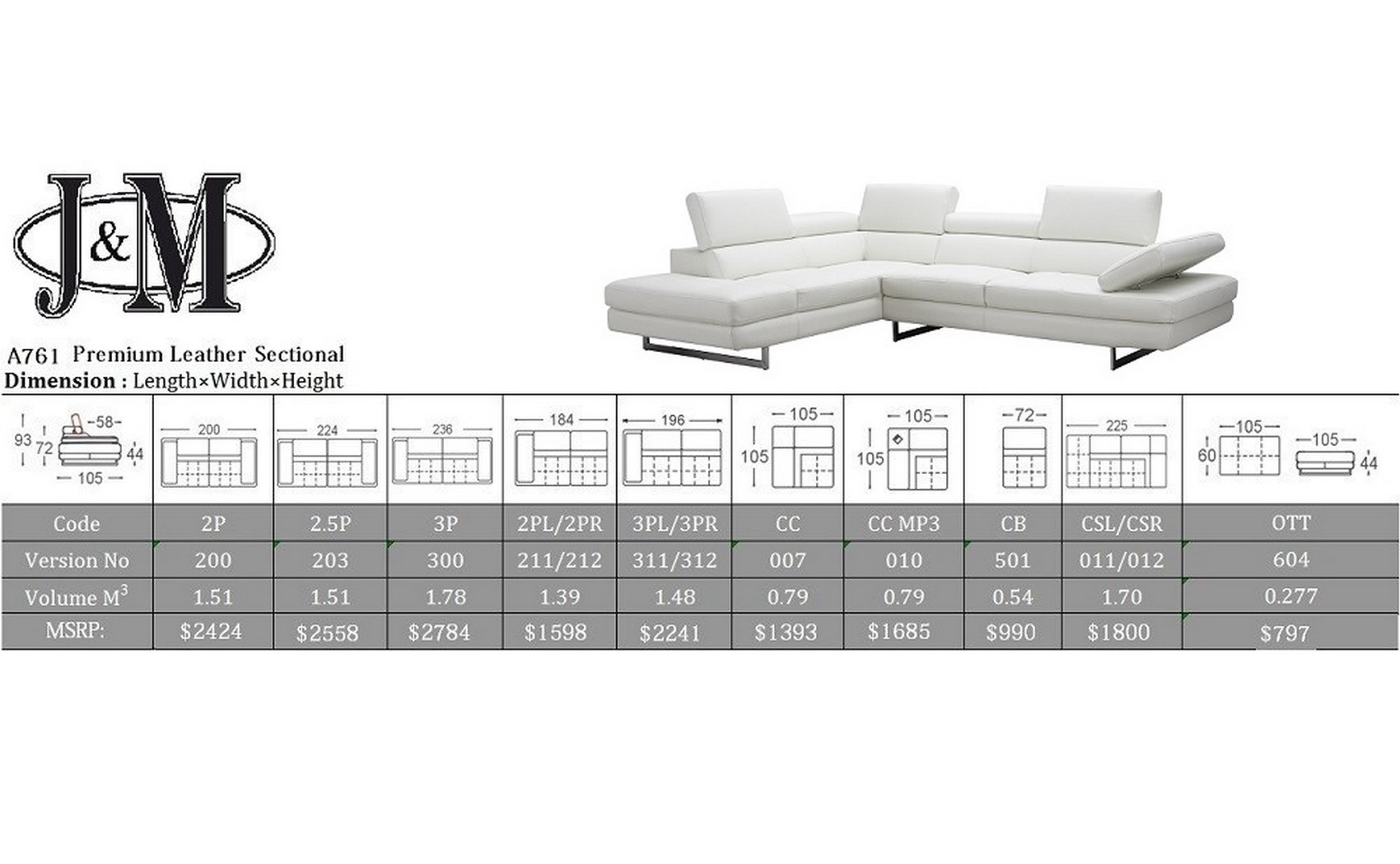 Gigi A761 Italian Leather Sectional Snow White J&M Furniture