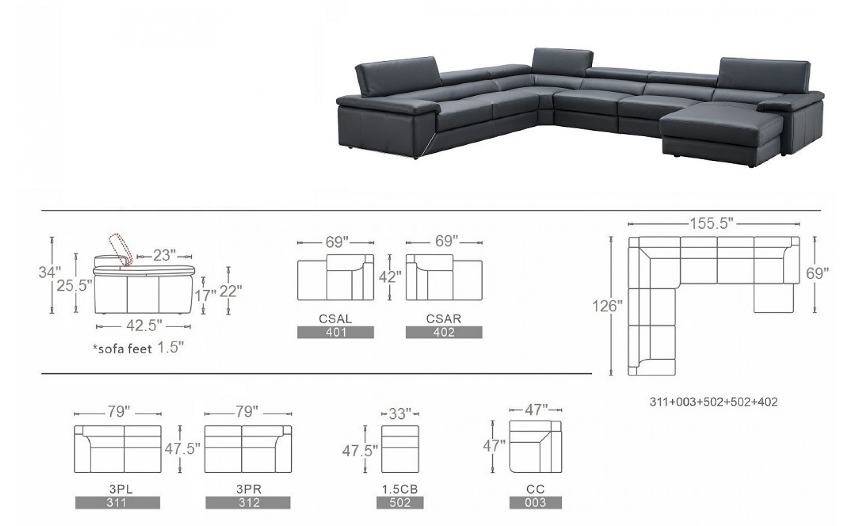 Kobe Premium Leather Sectional Blue Grey J&M Furniture