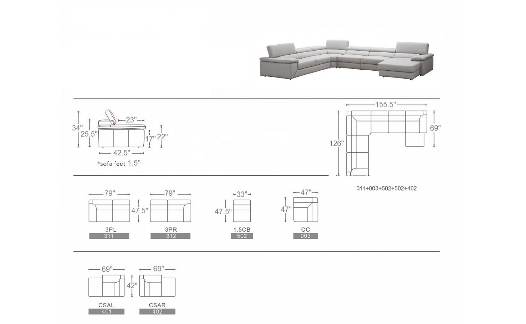 Kobe Premium Leather Sectional Silver Grey J&M Furniture JM